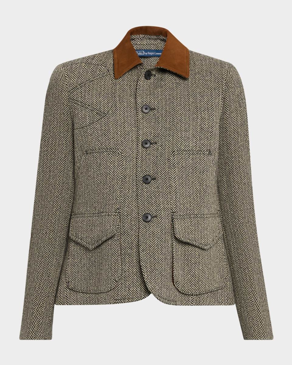 Suede-Trim Herringbone Jacket